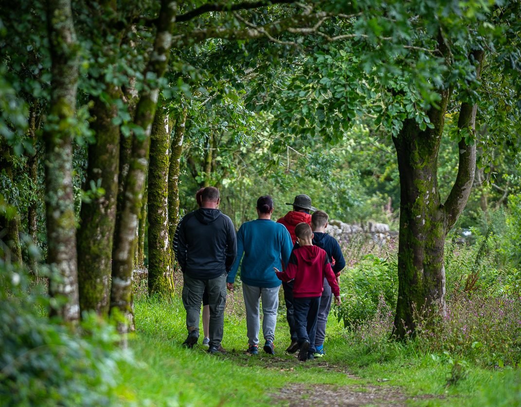 A family group walking away from the camera on a natural path through trees