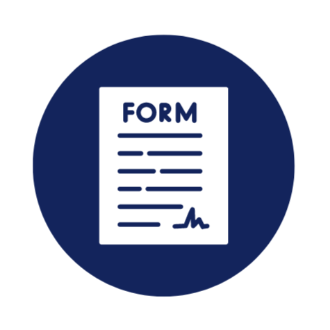 A blue background circle with a white icon of a form document in the middle