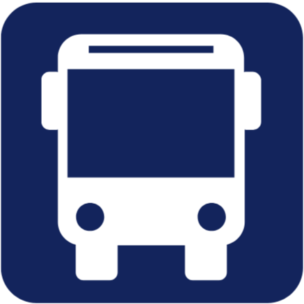 A blue square with a white icon of a bus head-on in the centre