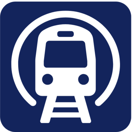 A blue square with a white icon of train in a tunnel in the middle