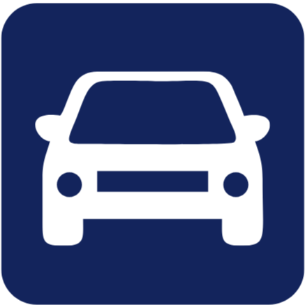 A blue square with a white icon of a car face-on in the centre