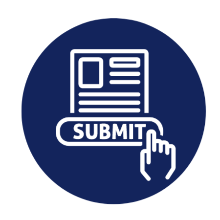 A blue circle containing a white icon of a document with the word 'SUBMIT' at the bottom like a computer button and a hand shape with a finger pointing, touching this button