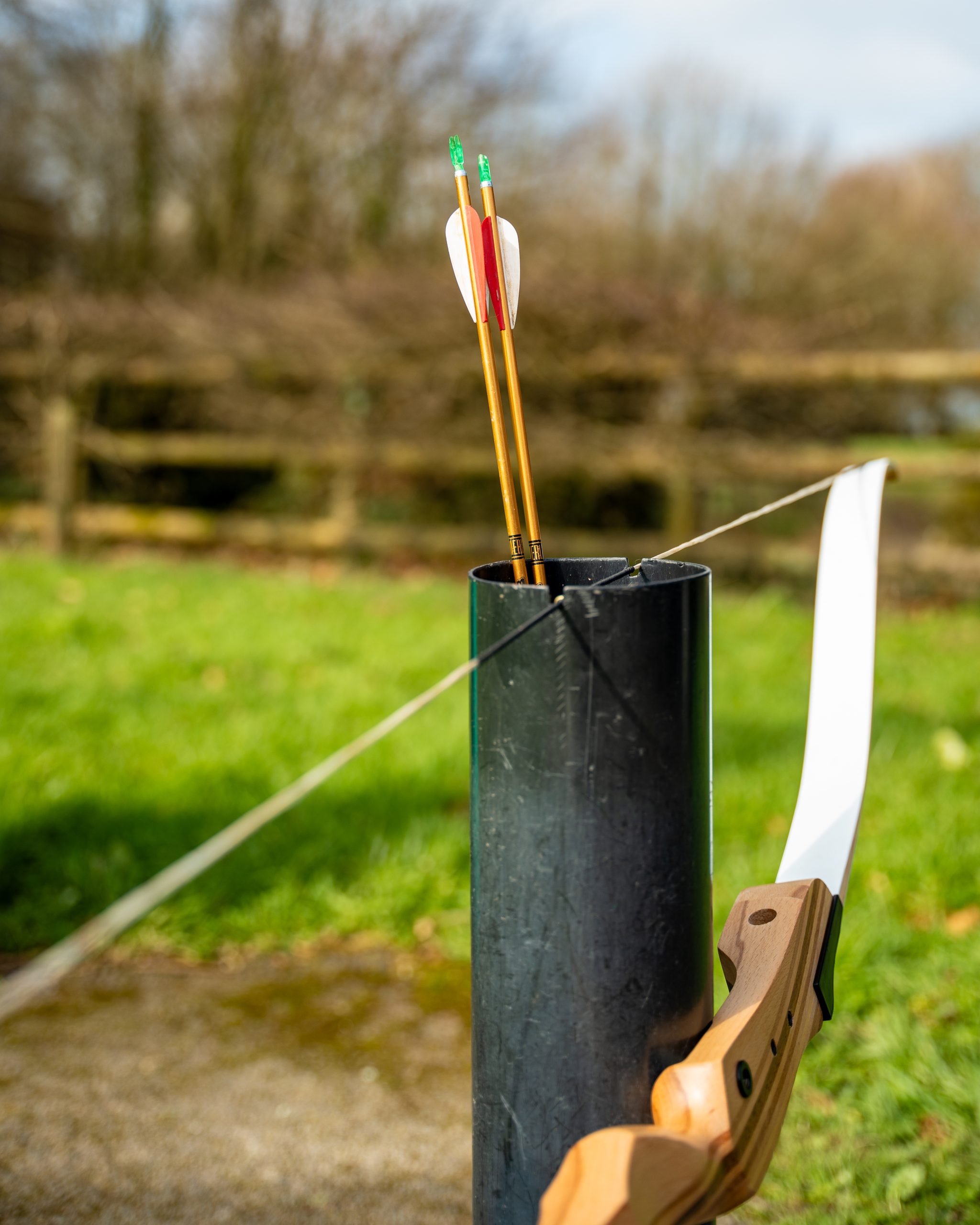 Two arrows are standing tip-down in a tube, with the string of a bow resting on top of the tube, the limbs of the bow hanging downwards.